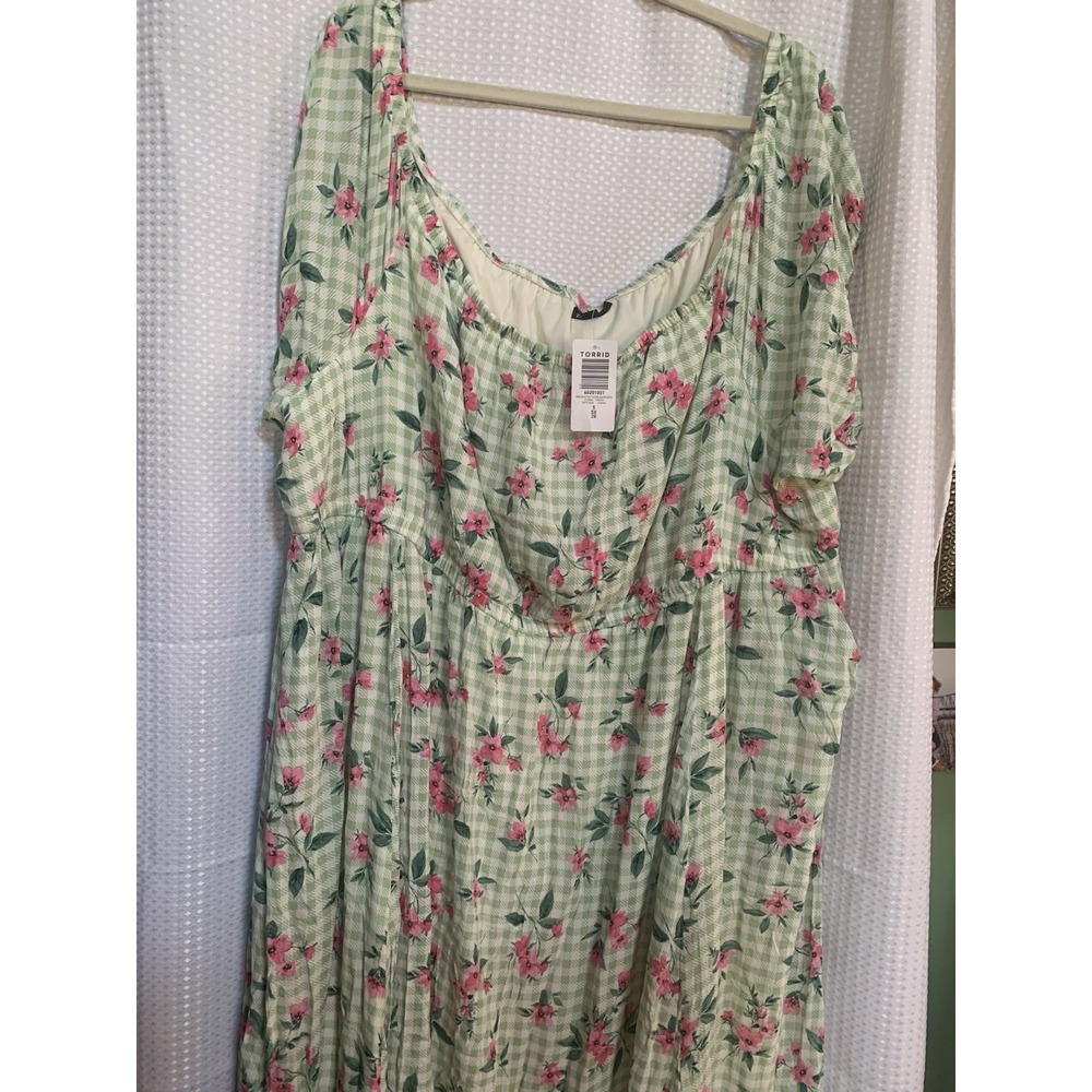 Torrid Womens 5X MIDI Gauze Puff Sleeve Green Skater Dress Floral